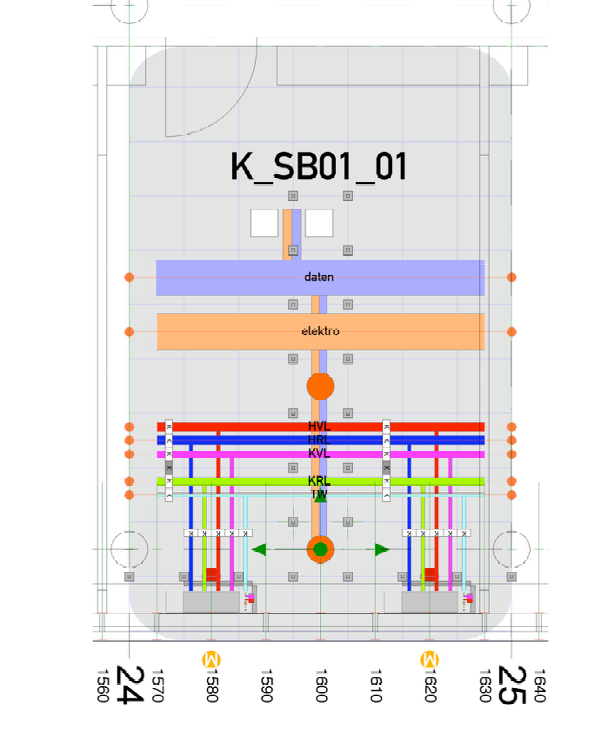 Plan of a single service tile with fixed installation zones for HVAC, electrical and data